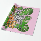 Safari vrienden, giraf, zebra, tijger, palmbladere cadeaupapier (Uitgerold)