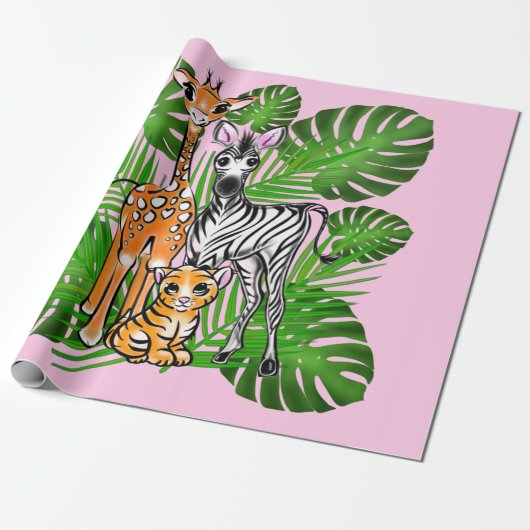 Safari vrienden, giraf, zebra, tijger, palmbladere cadeaupapier (Uitgerold)