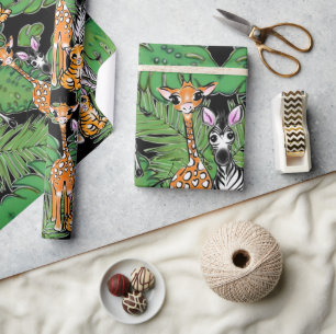 Safari vrienden, giraf, zebra, tijger, palmbladere cadeaupapier