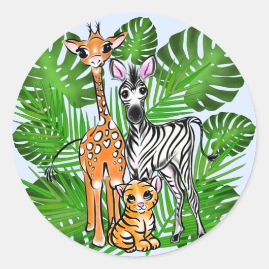 Safari vrienden, giraf, zebra, tijger, palmbladere ronde sticker (Voorkant)