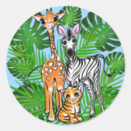 Safari vrienden, giraf, zebra, tijger, palmbladere ronde sticker