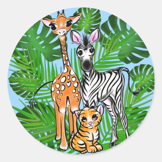 Safari vrienden, giraf, zebra, tijger, palmbladere ronde sticker (Voorkant)