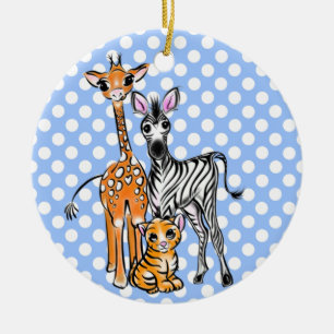 Safari vrienden, giraffe, zebra, tijger, blauwe po keramisch ornament