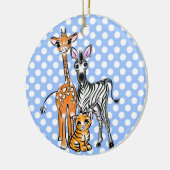 Safari vrienden, giraffe, zebra, tijger, blauwe po keramisch ornament (Links)