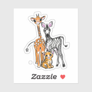 Safari vrienden, giraffe, zebra, tijger, blauwe po sticker
