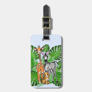 Safari vrienden, giraffe, zebra, tijger, palmblade bagagelabel