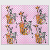 Safari vrienden, giraffe, zebra, tijger, roze polk cadeaupapier (Vlak)