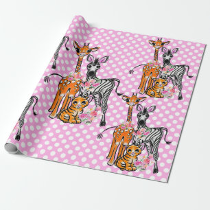 Safari vrienden, giraffe, zebra, tijger, roze polk cadeaupapier