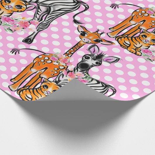 Safari vrienden, giraffe, zebra, tijger, roze polk cadeaupapier (Hoek)