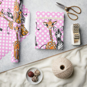 Safari vrienden, giraffe, zebra, tijger, roze polk cadeaupapier