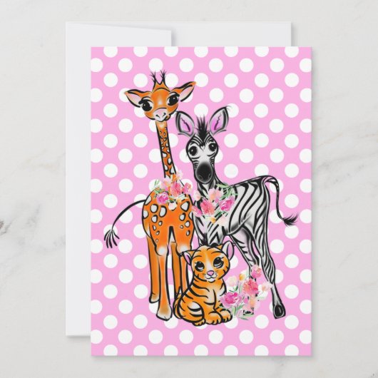 Safari vrienden giraffe zebra tijger roze polka kaart (Voorkant)