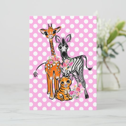 Safari vrienden giraffe zebra tijger roze polka kaart (Staand voorkant)