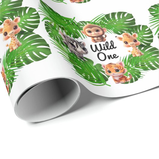 Safari vrienden tijger giraffe zebra aap olifant cadeaupapier (Rol Hoek)