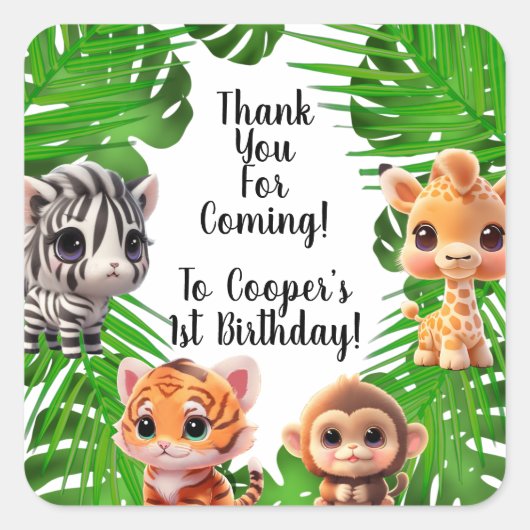 Safari vrienden tijger giraffe zebra aap olifant vierkante sticker (Voorkant)