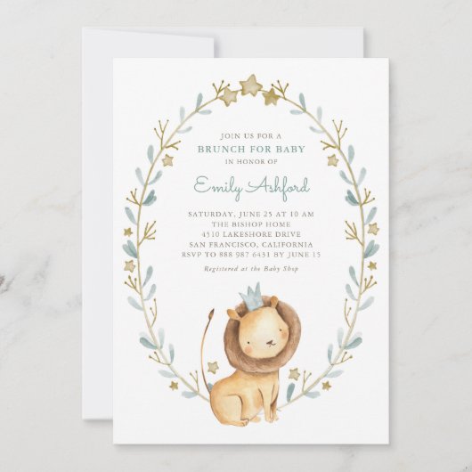 Safari Watercolor Leeuwenprins Baby Shower Brunch Kaart (Voorkant)