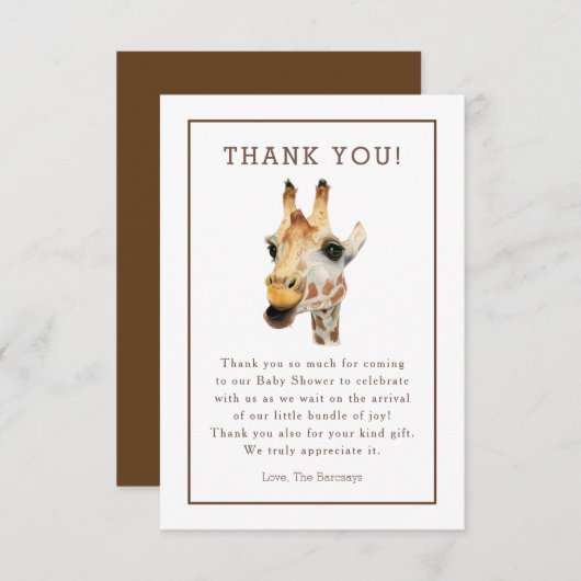 Safari Waterverf Giraffe Baby shower Dank u wel Bedankkaart (Voorkant / Achterkant)