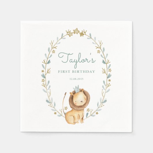Safari Waterverf Lion Prince Eerste Verjaardag Servet (Voorkant)