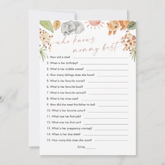 SAFARI Wie kent mama beste Baby shower spel Kaart (Voorkant)