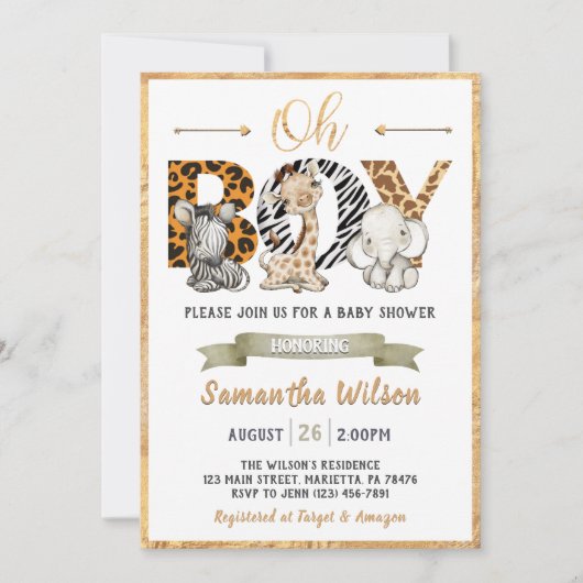 Safari Wild Baby shower Gold Party - Uitnodiging (Voorkant)