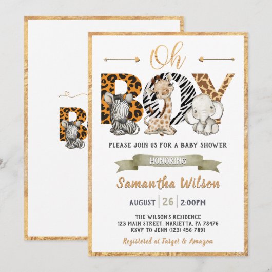 Safari Wild Baby shower Gold Party - Uitnodiging (Voorkant / Achterkant)