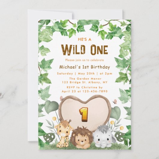 Safari Wild Een 1e verjaardag uitnodiging (Voorkant)