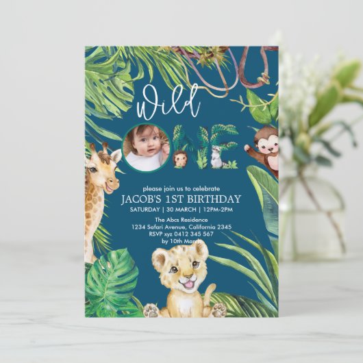 Safari Wild Een Dier Oerwoud Foto 1e Verjaardag Kaart (Staand voorkant)