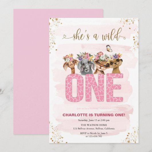 Safari Wild Eén eerste verjaardag Kaart (Voorkant / Achterkant)