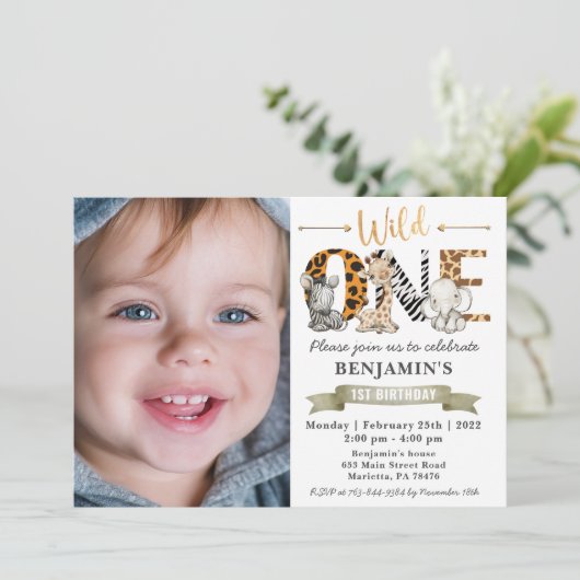 Safari Wild Eén eerste verjaardag met uw foto Uitn Kaart (Staand voorkant)