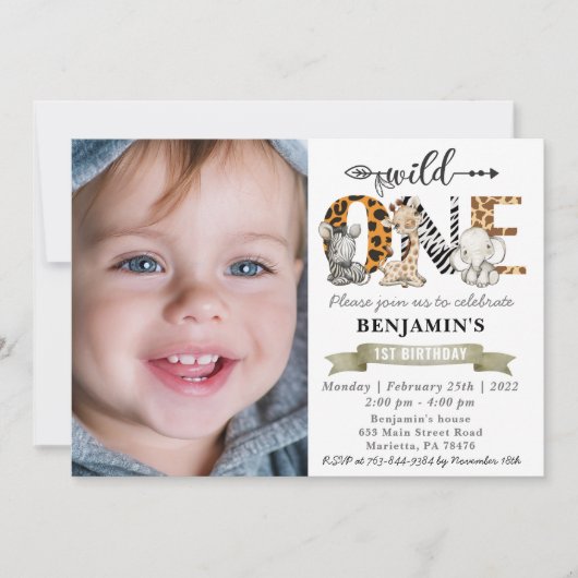 Safari Wild Eén eerste verjaardag met uw foto Uitn Kaart (Voorkant)