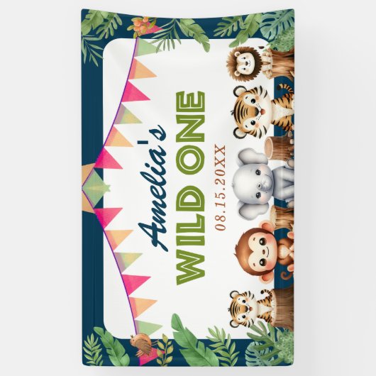 Safari Wild Eén eerste verjaardag Spandoek (Verticaal)