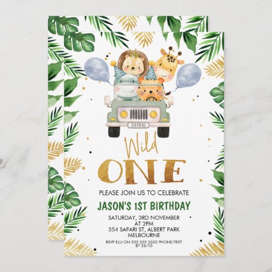 Safari Wild Een gebladerte Verjaardag Uitnodiging (Voorkant / Achterkant)