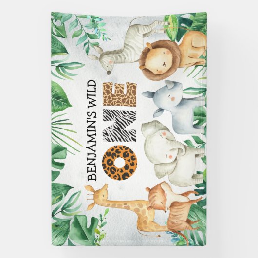 Safari Wild Eén verjaardag Giraffe van Lion Elepha Spandoek (Verticaal)