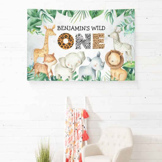 Safari Wild Eén verjaardag Giraffe van Lion Elepha Spandoek (Insitu)