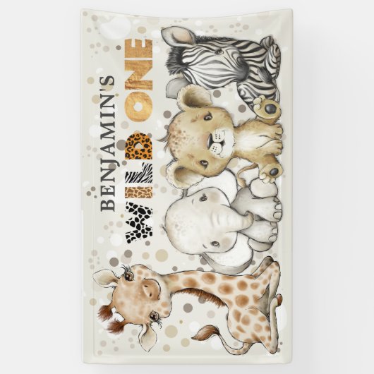 Safari Wild Eén verjaardag Lion Elephant Giraffe Spandoek (Verticaal)