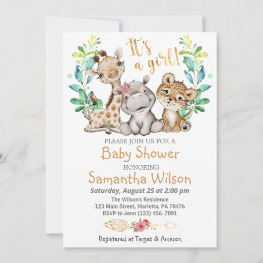 Safari Wild Girl Baby shower Uitnodiging (Voorkant)