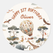 Safari Wild Hot Air Balloon Oerwoud 1e verjaardag Ronde Sticker (Voorkant)