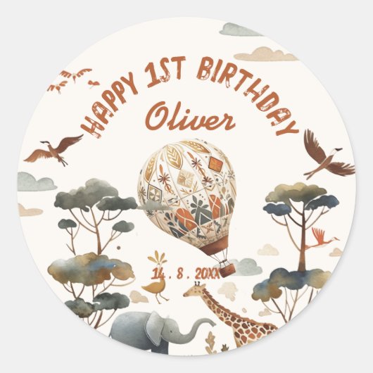 Safari Wild Hot Air Balloon Oerwoud 1e verjaardag Ronde Sticker (Voorkant)
