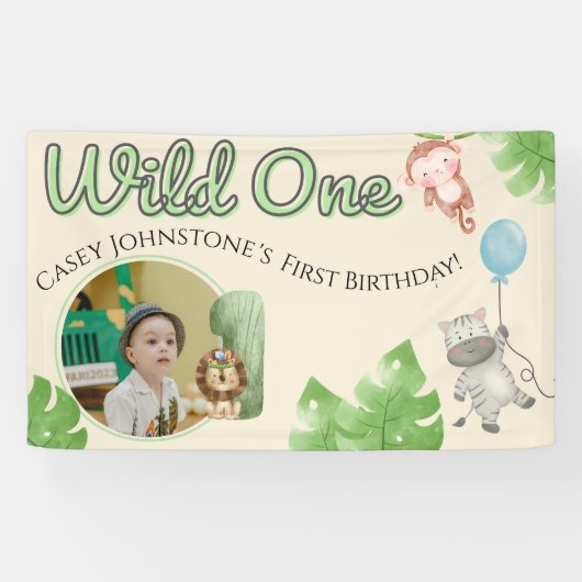 Safari Wild One 1 Photo Watercolor 1st Birthday  Spandoek (Horizontaal)
