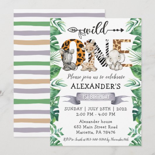 Safari Wild One 1e verjaardag Party Kaart (Voorkant / Achterkant)