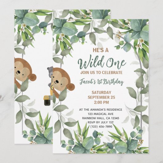 Safari Wild One 1st Birthday Boy Kaart (Voorkant / Achterkant)