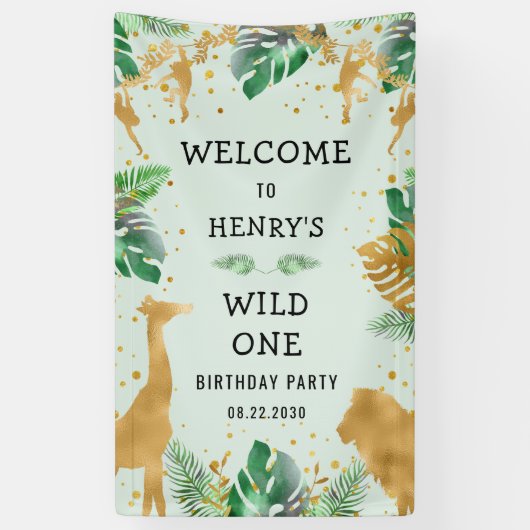 Safari Wild One 1st Birthday Green Welkom Spandoek (Verticaal)