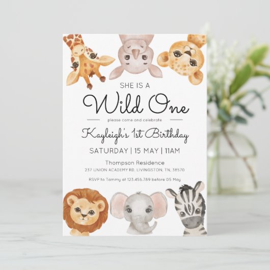 Safari Wild One 1st Birthday Invitation Boy Girl Kaart (Staand voorkant)