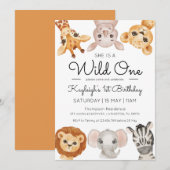 Safari Wild One 1st Birthday Invitation Boy Girl Kaart (Voorkant / Achterkant)
