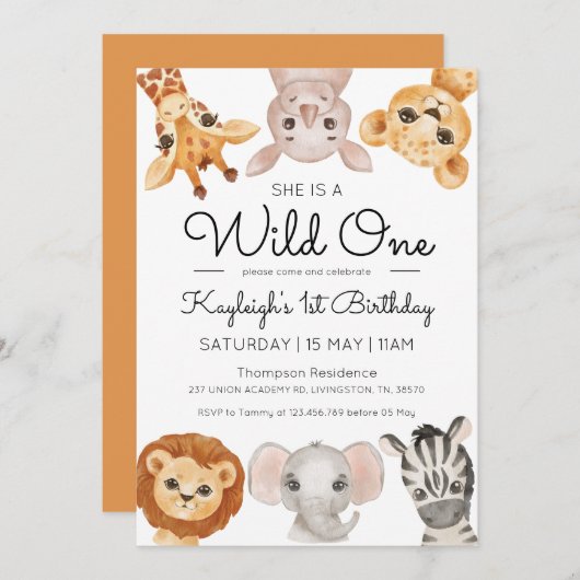 Safari Wild One 1st Birthday Invitation Boy Girl Kaart (Voorkant / Achterkant)