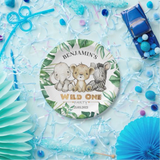 Safari Wild One 1st Birthday Lion Zebra Elephant Papieren Bordje (Feest)