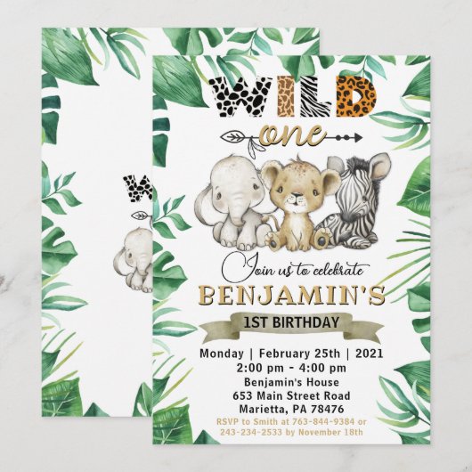 Safari Wild One 1st Birthday Lion Zebra Party Kaart (Voorkant / Achterkant)