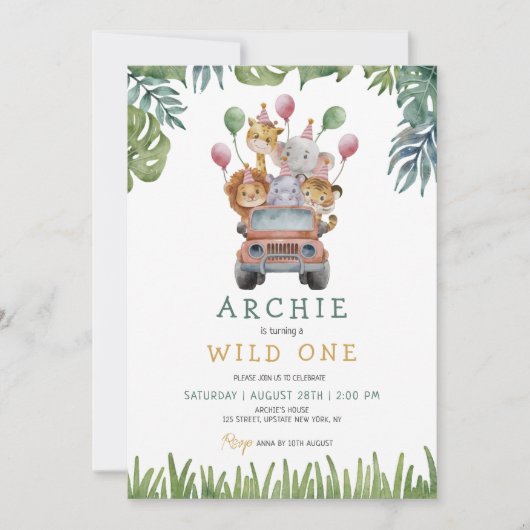 Safari Wild One 1st Birthday Oerwoud Animals Kaart (Voorkant)