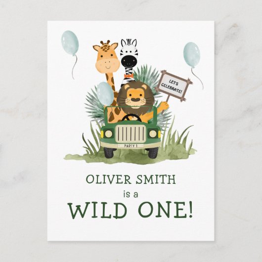 Safari Wild One 1st Birthday Party Invitation Briefkaart (Voorkant)