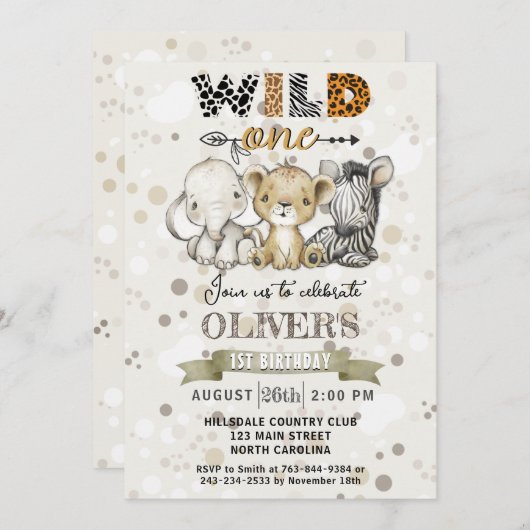Safari Wild One 1st Birthday Party Invitation Kaart (Voorkant / Achterkant)