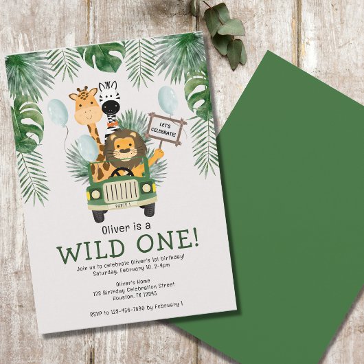 Safari Wild One 1st Birthday Party Invitation Kaart